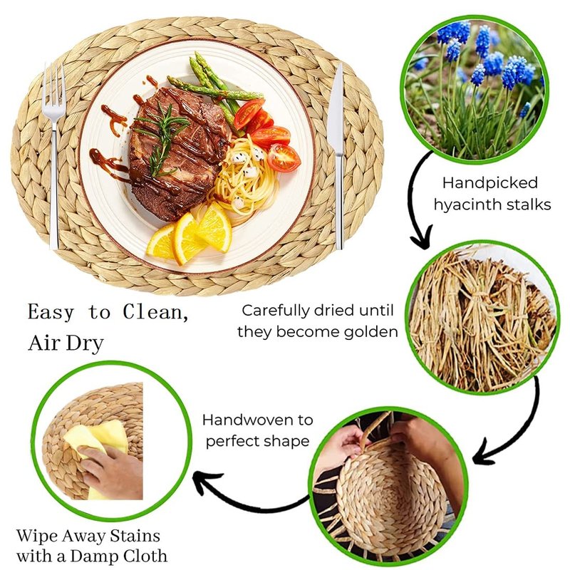 DAJAMAI Oval Woven Placemats Set of 6, Natural Water Hyacinth Charger Plates Non-Slip Weave Placemats Farmhouse Straw Braided Rattan Tablemats, Oval Wicker Place Mats for Dining Table