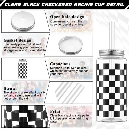 Patelai 12 Pack Race Car Cups 13.5 oz Plastic Tumbler with Lid and Straw Checkered Flag Party Supplies Clear Black Plaid Cups for Race Car Birthday Sports Themed Party Supplies