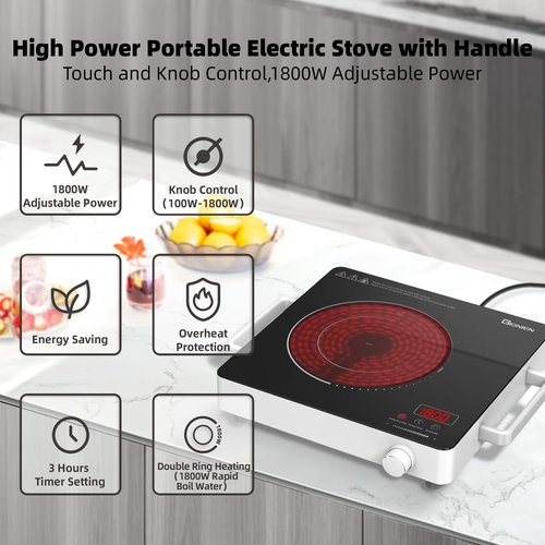 GIONIEN Electric Cooktop 1 Burner 110V, Portable Electric Stove with Handle, Ceramic Countertop Burner, Knob Control, ‌3-hour Timer, Safety Lock,3 Heat Modes,1800W