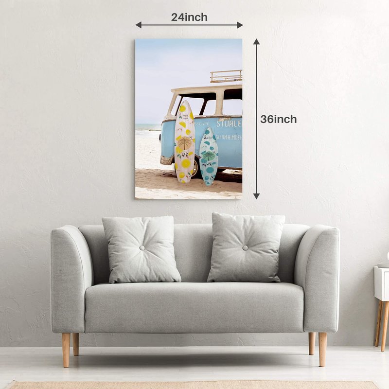 Coastal Beach Canvas Wall Art: Tropical Hawaii Ocean Painting Surfboard Prints Surfer Picture Vintage Seaside Van Artwork for Bathroom Bedroom Living Room