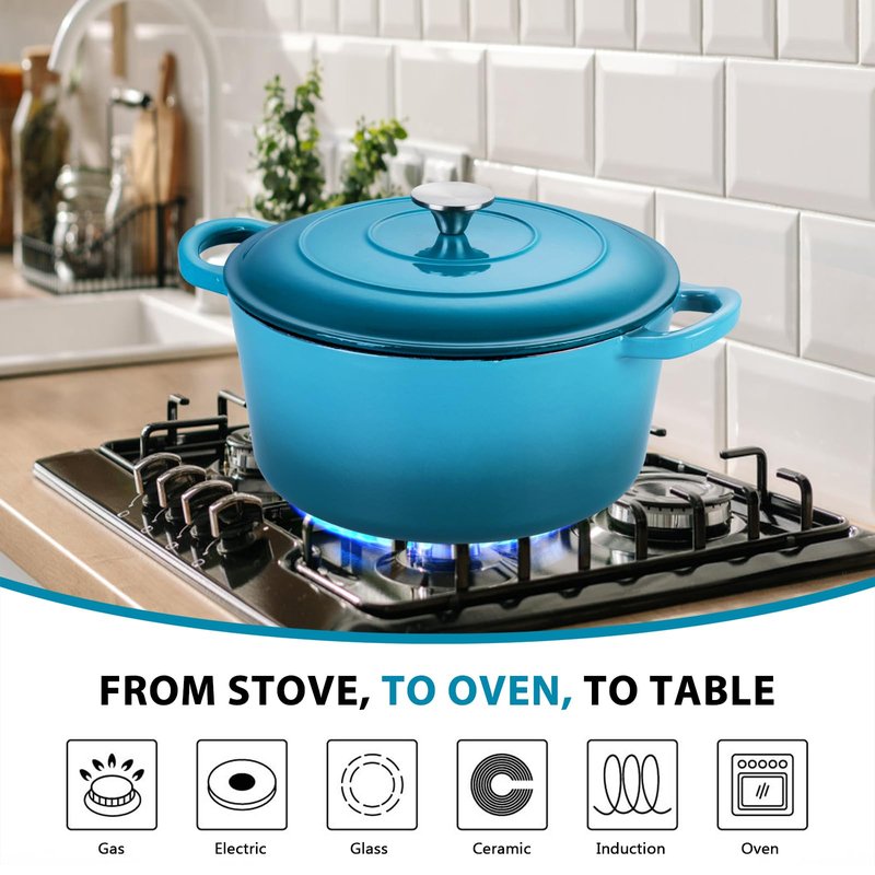E-far 6 Quart Dutch Oven, Enameled Cast Iron Dutch Oven Pot with Lid, Nonstick Round Cookware for Braising/Stews/Roasting/Bread Baking/Cooking, Heavy Duty, Induction & Oven Safe - Teal Mist