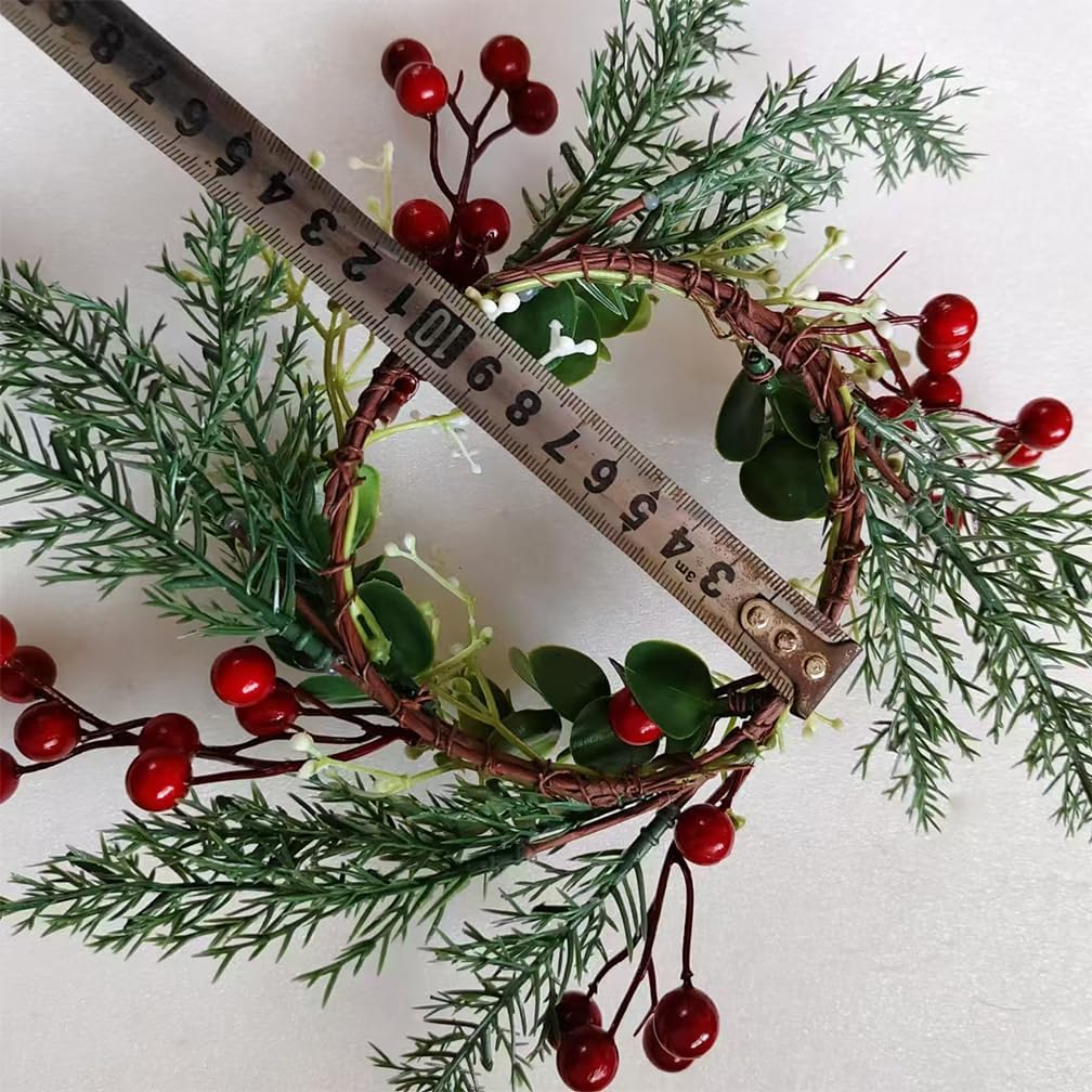 Skiennix Christmas Candle Rings - 4 Inch Rustic Wreaths with Red Berries & Pine Needles | Perfect Table Centerpiece Decor