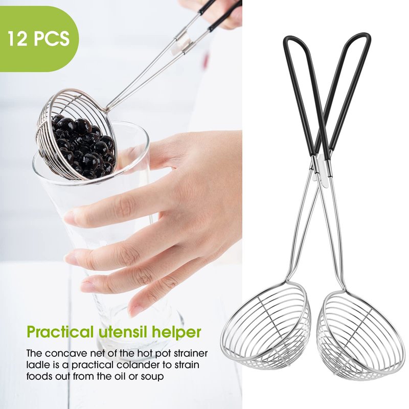 Geiserailie 12 Pieces Hot Pot Kit Strainer Scoops Stainless Steel 2.5 Inch Mini Spider Strainer Skimmer Pasta Mesh Spoon Asian Skimmer Spoon Ladle with Handle for Home (Black)