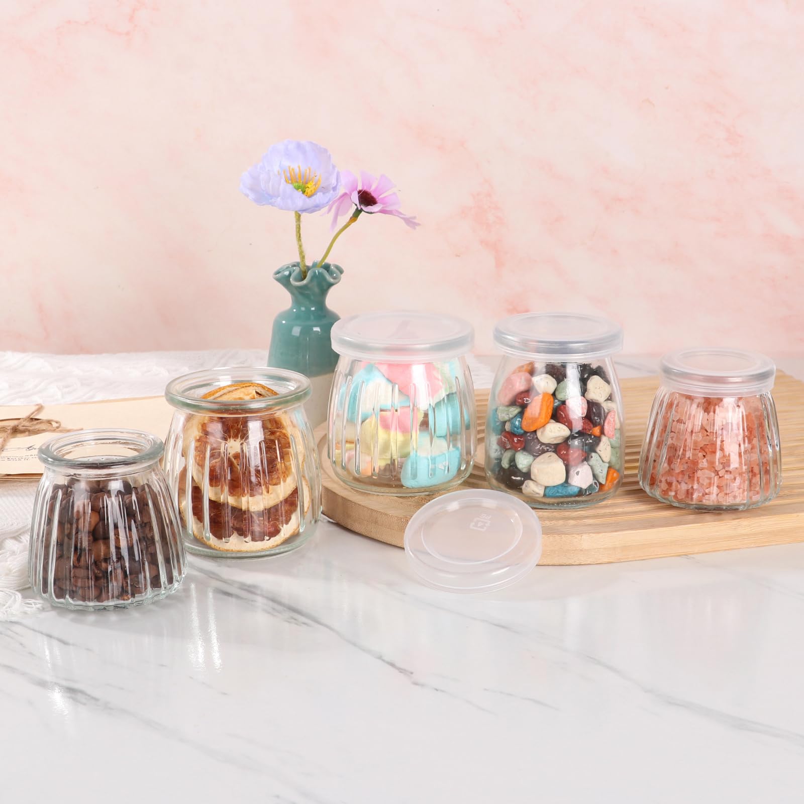 CAKKVDE 40 Pack 4 oz Mini Glass Jars with PE Lids - Small Yogurt/Pudding Containers for Wedding Favors, Honey, Spices & DIY Crafts (Includes Labels & String)