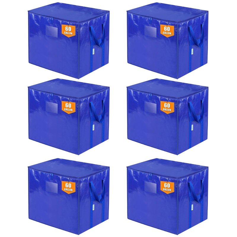TICONN 6 Pack Extra Large Moving Bags with Zippers & Carrying Handles, Heavy-Duty Storage Tote Moving Boxes for Space Saving (6 PK, 60 Gallon)