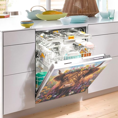 Highland Cow Summer Flowers Dishwasher Magnet Cover Sticker Magnetic Refrigerator Panel Front Door Fridge Microwave Decal