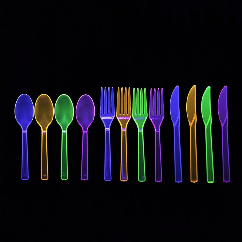 Party Essentials Hard Plastic Cutlery Combo Pack, 144 Pieces/48 Place Settings, Assorted Neon Brights