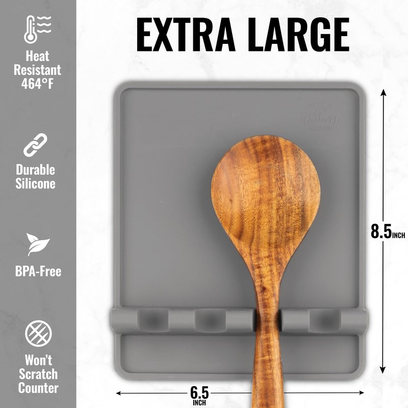 Zulay Kitchen Extra Large Silicone Utensil Rest with Drip Pad for Multiple Utensils - BPA-Free Heat-Resistant Spoon Rest & Spoon Holder for Stove Top - Kitchen Utensil Holder for Spoon - Gray