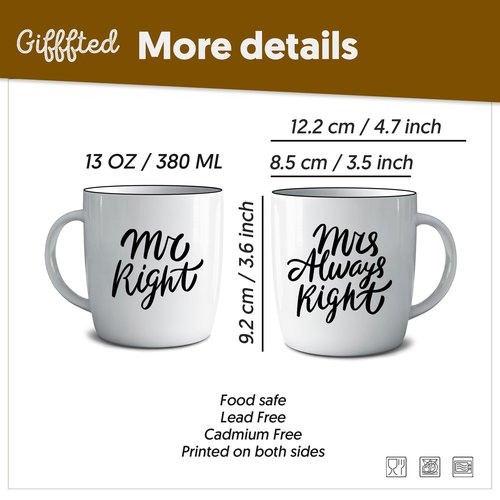 Triple Gifffted Mr Right Mrs Always Right Coffee Mugs Gifts Ideas for Couples, Wedding Anniversary, Engagement, Christmas, His & Hers, Bride and Groom, Parents, Newlyweds Bridal Shower, Ceramic 380ml