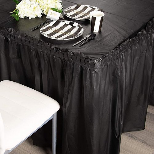 Juvale Plastic Table Skirt - 29 in x 14 Ft, Black, Set of 6, Ruffled - Disposable Rectangular Party Table Skirt with Adhesive Strips & Lightweight for Birthday Parties, Wedding Showers & Events