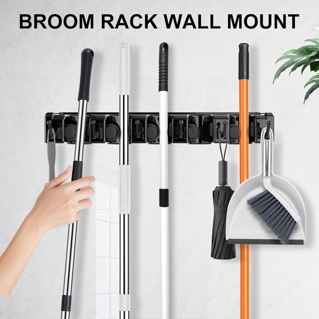 Nacena Broom Holder Wall Mount - 2-Pack Organizer with 5 Ball Slots & 6 Hooks | Black