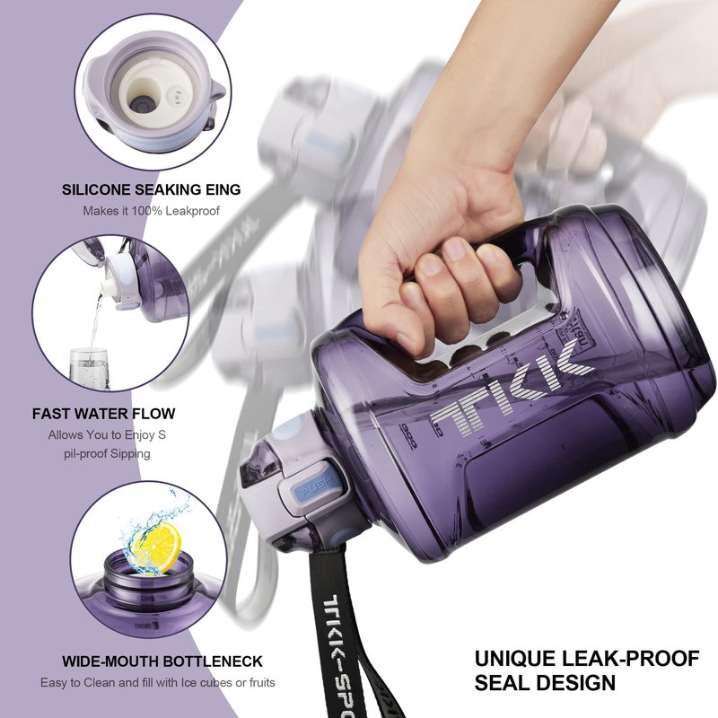 TKK Half Gallon Water Bottle Jug with Straw Time Marker Big Water Bottle Dishwasher Safe 1/2 Gallon 64 Oz Water Jug BPA Free Tritan for Gym Yoga Travel Camping Outdoor，Purple