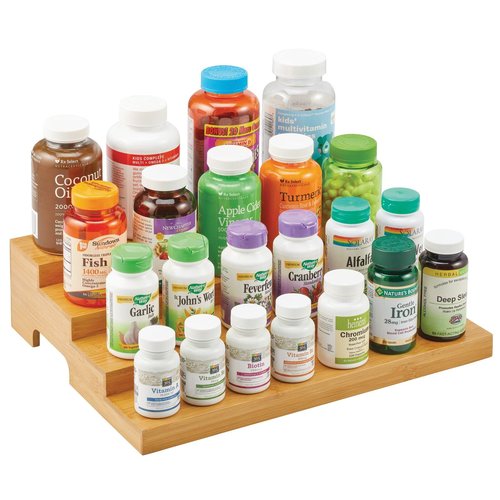 mDesign Bamboo Spice and Food Kitchen Cabinet Pantry Shelf Organizer - 4-Tier Storage - Modern Compact Caddy Rack - Holds Spices/Herb Bottles, Jars - for Shelves, Cupboards, Refrigerator - Clear