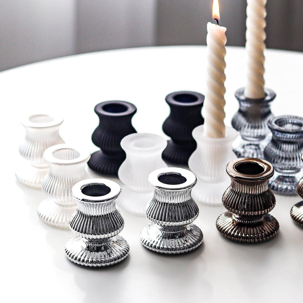 WDHODEC Black & White Candlestick Holders - 12PCS Glass Taper Holders for Elegant Table Centerpieces