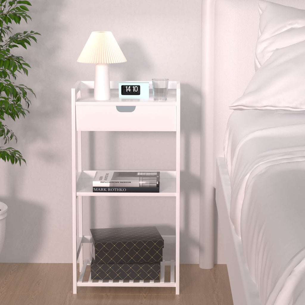 POXAKA 3 Tier Bamboo Bathroom Shelves with Drawer, Ladder Shelf for Bathroom Storage, Space-Saving Design, Stylish Display Nightstand, Stylish Storage Solution for Home, Living Room, Kitchen, Office