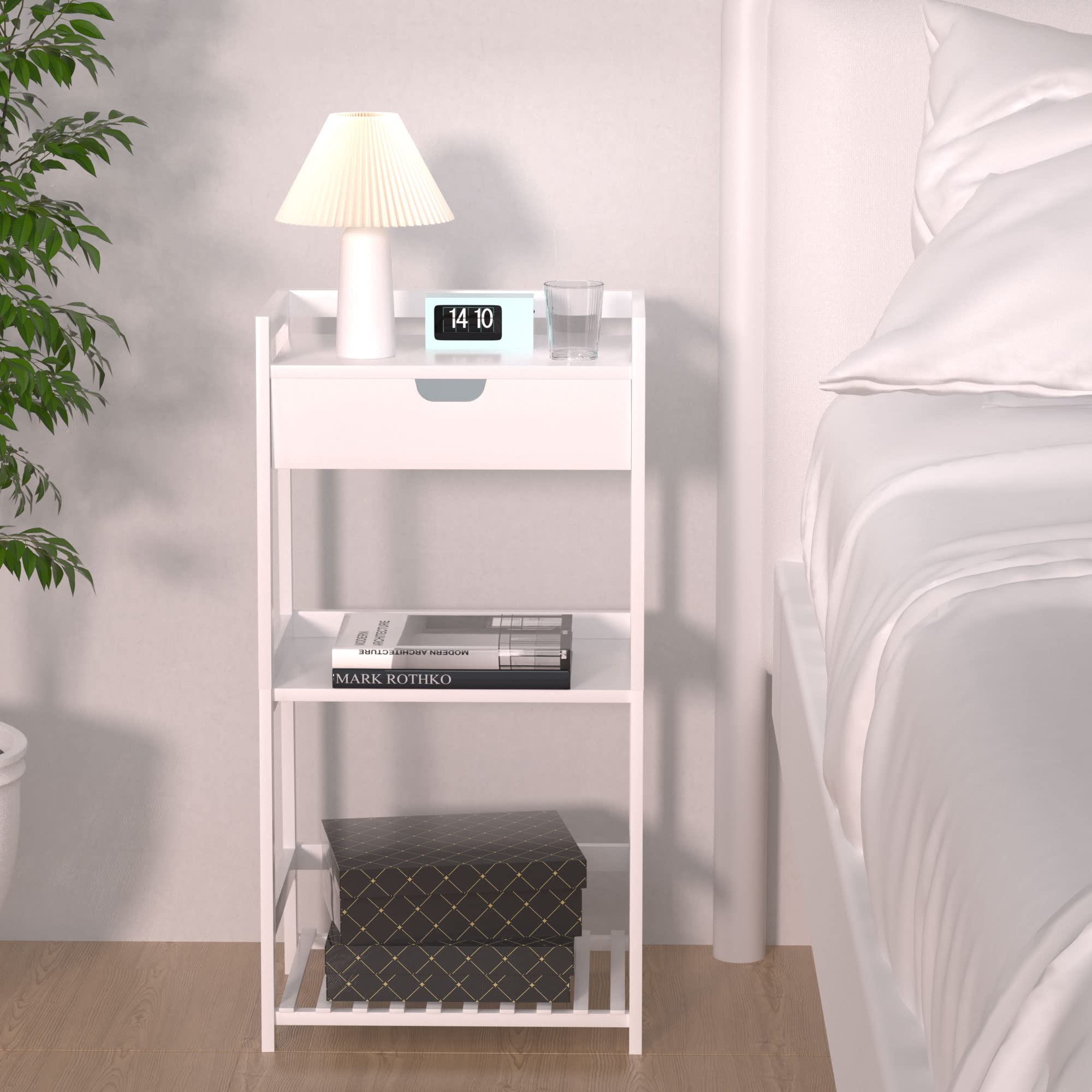 POXAKA 3 Tier Bamboo Bathroom Shelves with Drawer, Ladder Shelf for Bathroom Storage, Space-Saving Design, Stylish Display Nightstand, Stylish Storage Solution for Home, Living Room, Kitchen, Office