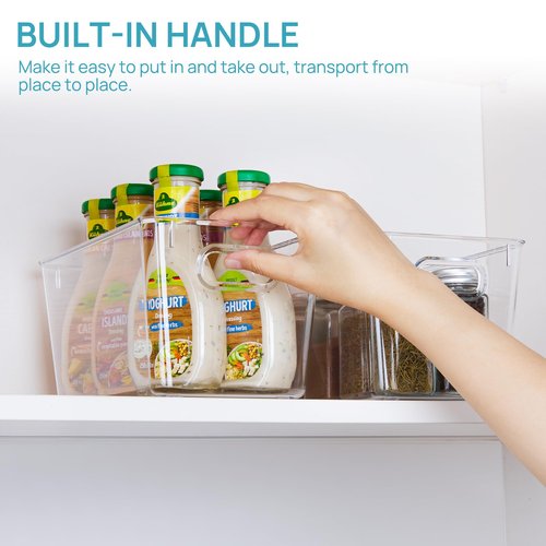 Vtopmart Clear Plastic Storage Bins, 2 PCS Pantry Organizer Bins with Handle for Refrigerator, Fridge, Cabinet, Kitchen, Countertops, Cupboard, Freezer Organization and Storage, Medium
