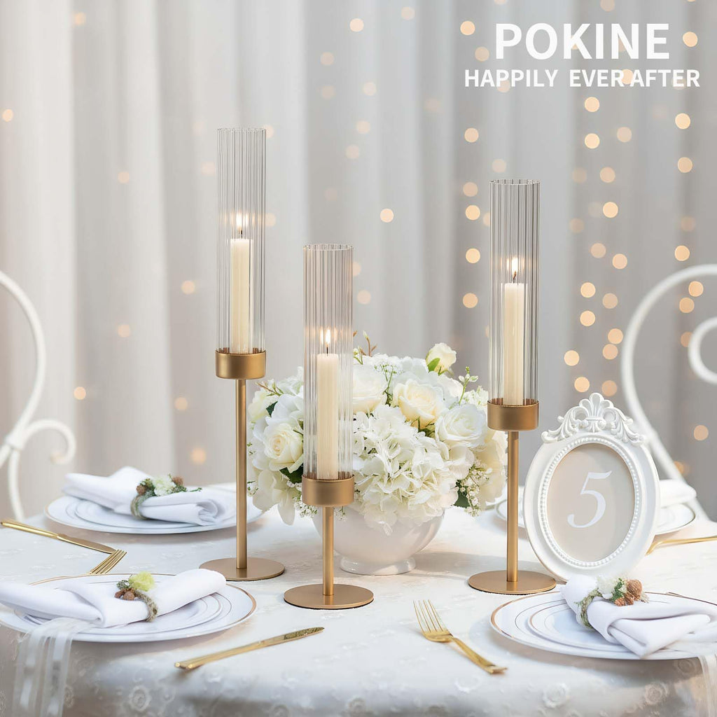 POKINE Tall Hurricane Candle Holders Set of 6, Gold Glass Taper Candlestick Holders for Wedding, Christmas, Dining Table, Party & Home Decor