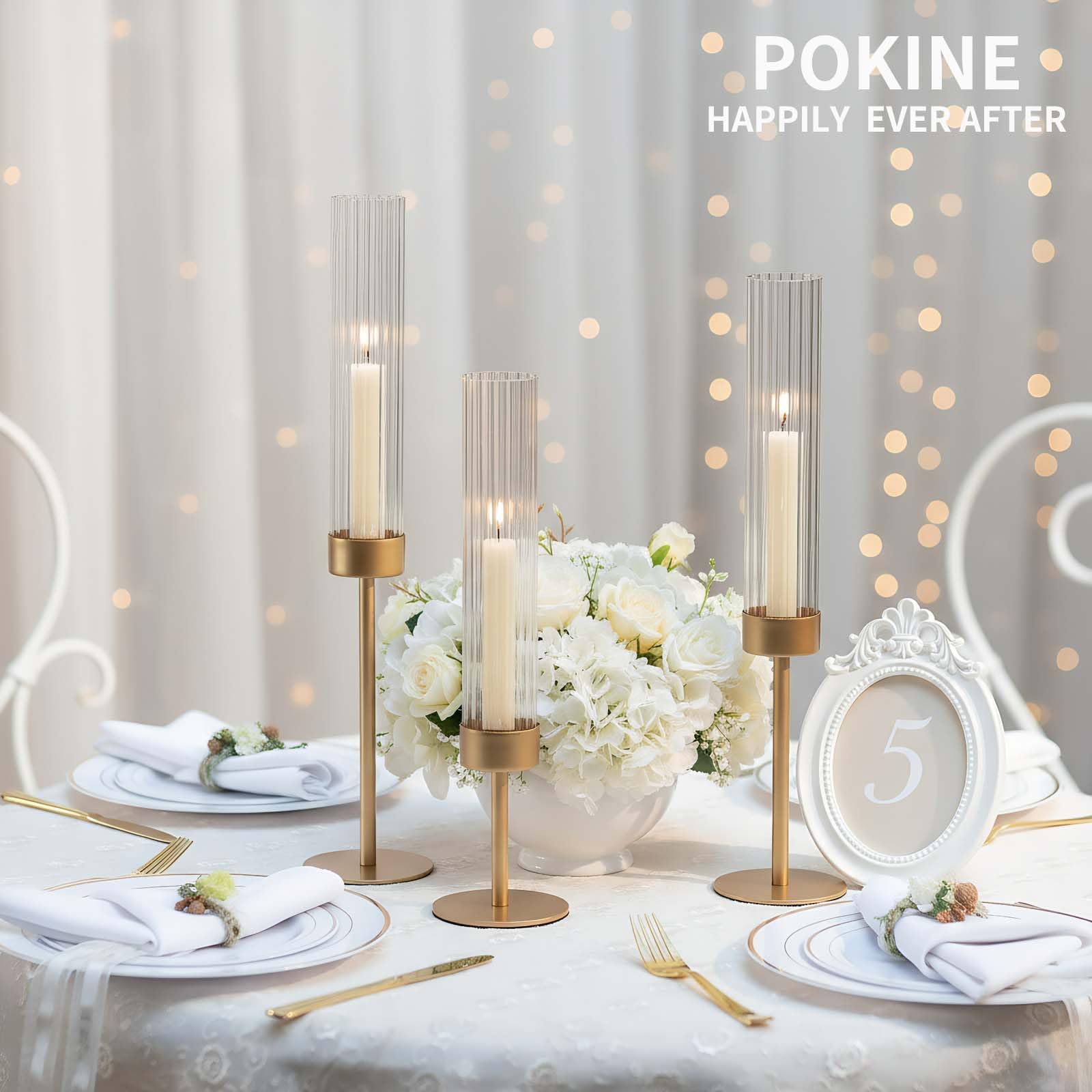 POKINE Tall Hurricane Candle Holders Set of 6, Gold Glass Taper Candlestick Holders for Wedding, Christmas, Dining Table, Party & Home Decor