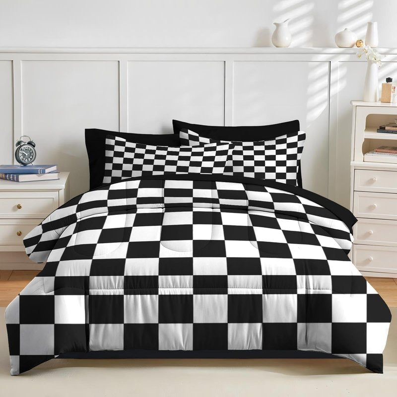 Nesker Comforter Set Twin Size, Black White Checkered 5 Pcs Bedding for Kids and Adults, Cute Retro Gingham Grid Bed Sheet Sets with Fitted Sheet Pillowcase & Sham