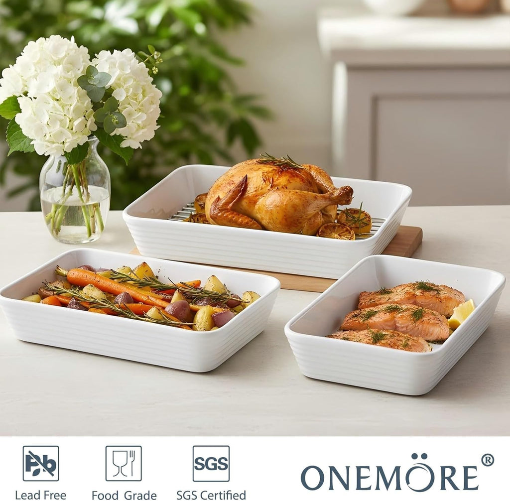 ONEMORE Baking Dishes - Large 9x13 Ceramic Casserole Set with Roasting Racks | 3QT, 2.1QT, 1.3QT Sizes