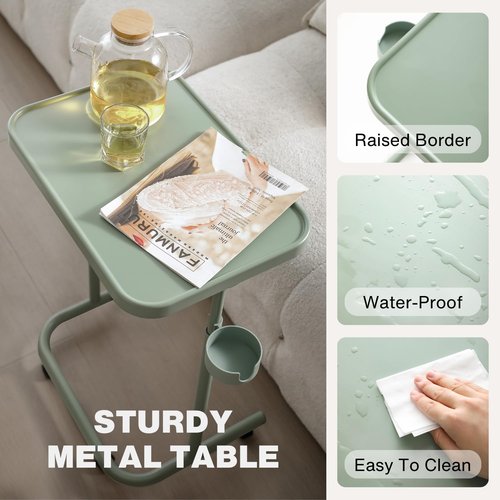 Keepo Metal TV Tray with Wheels/Casters, Side End Table, Adjustable Meal Tray, Folding Laptop Table with 3 Heights, 0 to 90 Degrees Tilt Angles, Portable Over Bed & Sofa Stand Desk (Gray Green)