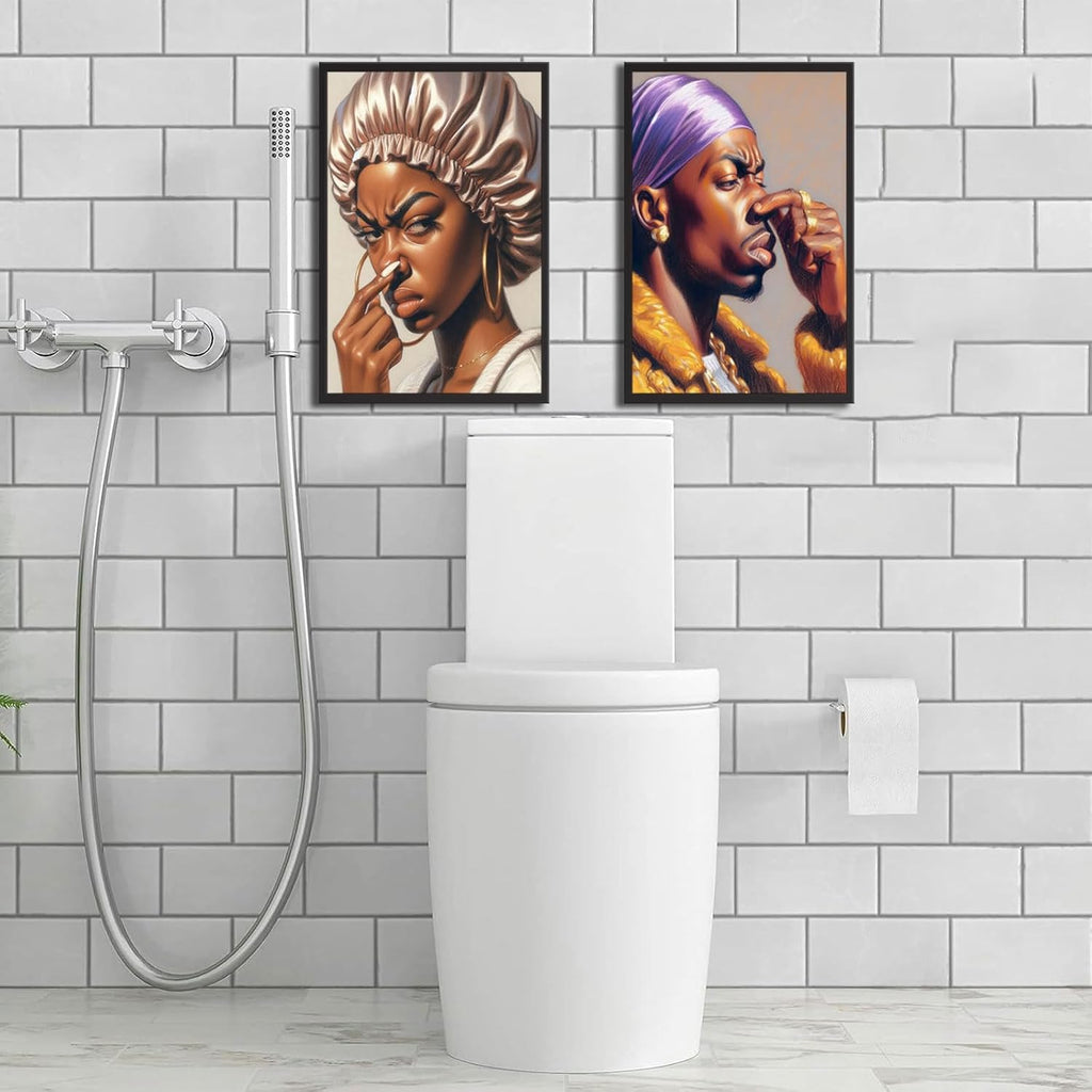 Skiennix Funny African American Bathroom Wall Art - 2Pcs Pinch Nose Canvas Prints | Funky Humor Decor