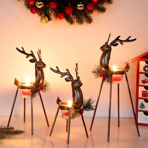 Juegoal Reindeer Tealight Candle Holders - Set of 3 Durable Iron Metal Christmas Decorations | Glass Votive Holders