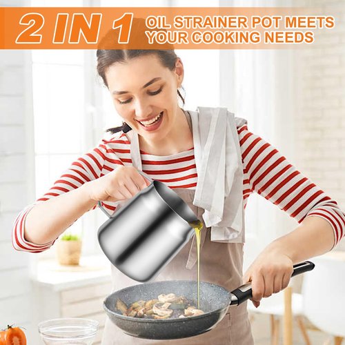 2L Stainless Steel Oil Filter Pot, 2 in 1 Oil Strainer Pot, Bacon Grease Saver with Strainer, Frying Basket, Filter, Mixing Bowls and Clip, Versatile Bacon Grease Container for Kitchen Storing Grease