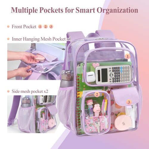 PACKISM Clear Backpack for School Work - 17 inch Heavy Duty Clear Bookbag with Reinforced Bottom, Transparent PVC See Through Security Backpacks for Students with 3 Front Pockets,Purple (Age 12+)
