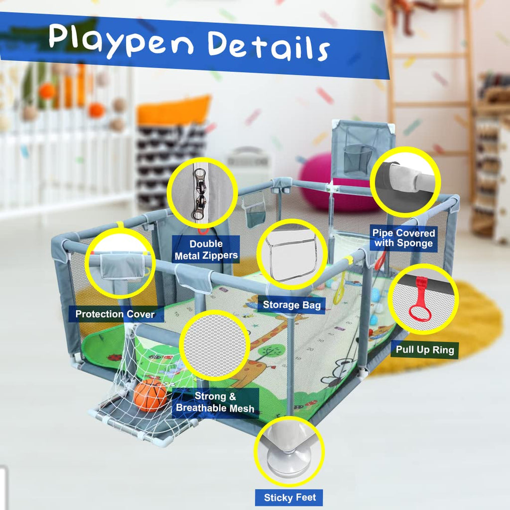 Upgraded Playpen by [Brand Name] - Thick Foldable Mat, Balls, Rings, Storage Bag & Sports Accessories | BPA-Free & Safe