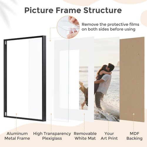FLYJOE 11x14 Picture Frame - Metal Frame with Mat for 8x10 Photos | Black Aluminum Design with Plexiglass