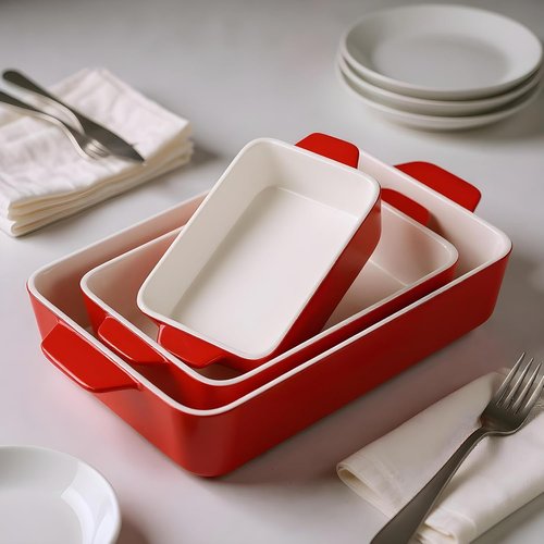 Kook Ceramic Bakeware Set - Rectangular Baking Dishes for Casseroles & Lasagna | Microwave & Dishwasher Safe, Set of 3 in Cherry