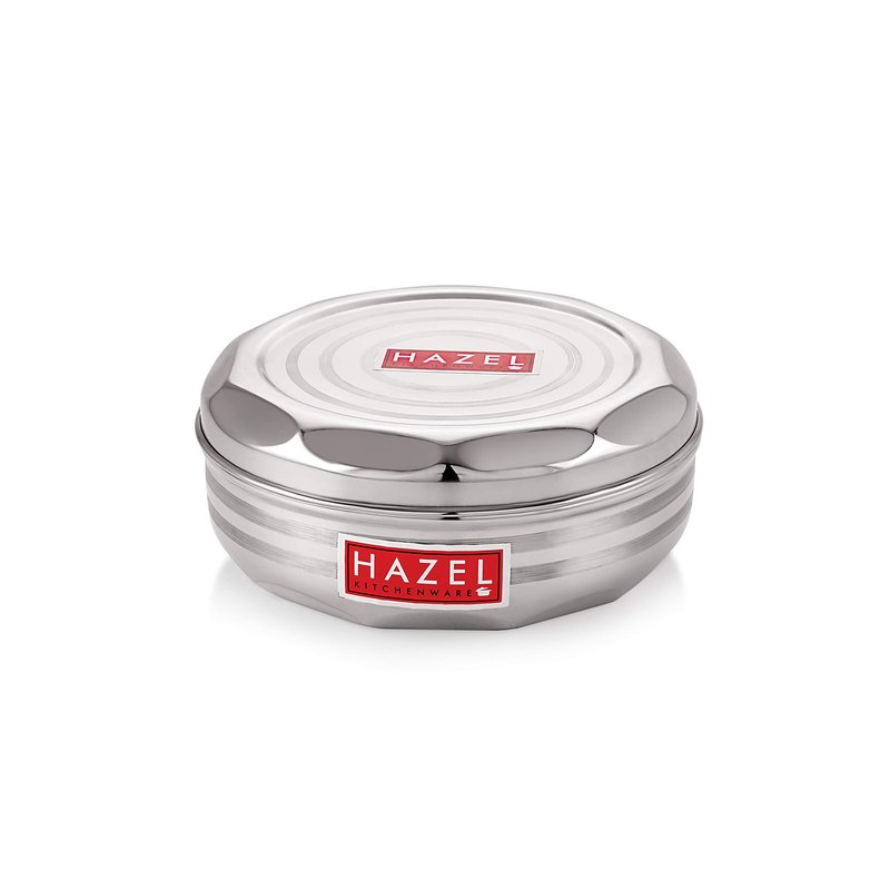 HAZEL Stainless Steel Spice Box with Spoon, Airtight 7-Compartment Masala Dabba, 7.3-Inch Round Spice Organizer for Kitchen Storage