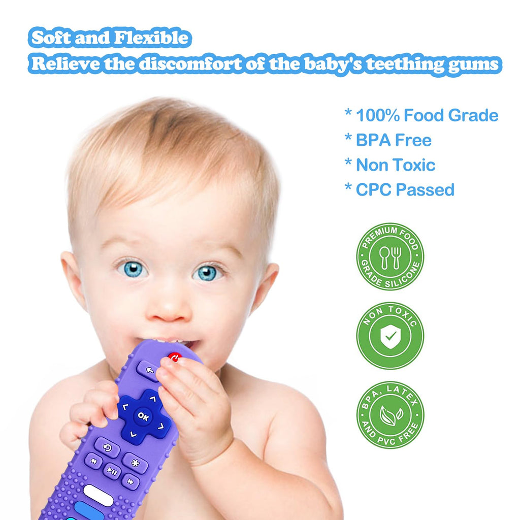 ROBBEAR Baby Teething Toys - Food Grade Silicone Teether in TV Remote Shape | BPA Free, Purple & Khaki