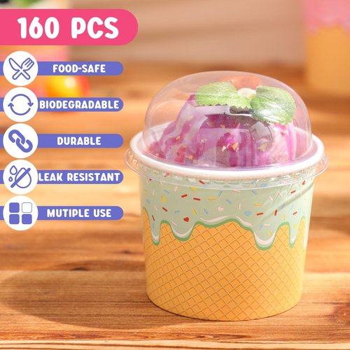 Jingmore 80 Count Paper Ice Cream Cups with Clear Dome Lids Disposable Dessert Cups Bulk Dessert Bowls Sundae Containers for Snack Yogurt Soup Birthday Ice Cream Party Supplies (6 oz)