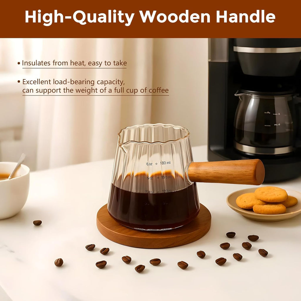 YARRAMATE Glass Measuring Cup - 6 oz/180ML with Wooden Handle | Ribbed Design for Easy Pouring