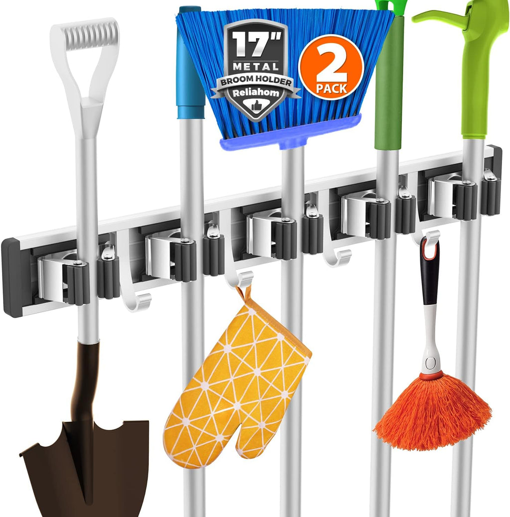 Reliahom Broom Holder Wall Mount - 2 Pack with 5 Racks & 4 Hooks, Black | Garage & Kitchen Organizer