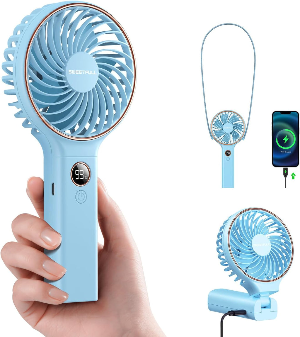 Sweetfull Handheld Portable Fan - 5000mAh Rechargeable Battery, 6 Speed Wind, LED Display | Mini Travel Essential