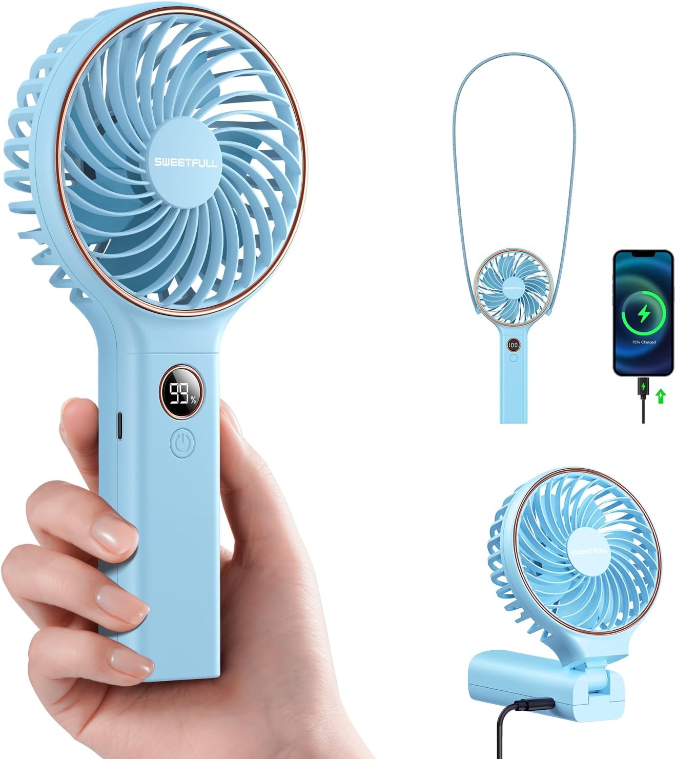 Sweetfull Handheld Portable Fan - 5000mAh Rechargeable Battery, 6 Speed Wind, LED Display | Mini Travel Essential