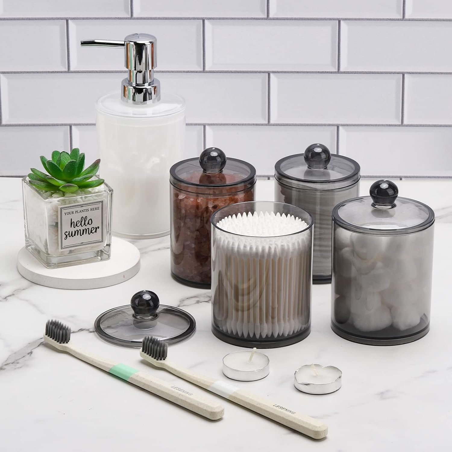 Tbestmax Qtip Holder - 10-Ounce & 12-Ounce Bathroom Organizer | Plastic Apothecary Jars with Lids - Black
