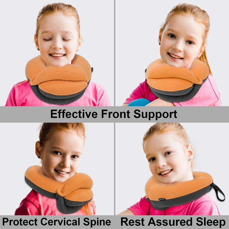 BUYUE Kids Travel Pillows for Airplane, 360° Head Support Sleeping Essentials for Boys Long Flight, Skin-Friendly Soft Neck Pillow for Traveling in Car Seat, (Small, Orange Grey, 40-90 lbs)
