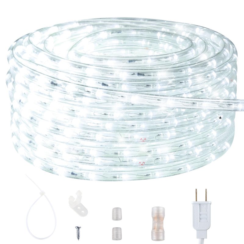 59ft LED Rope Light, Cuttable Waterproof Indoor Outdoor Clear Tube Light Plug in, 648 Daylight White LEDs 110V 6000K Flexible Connectable for Christmas Patio Outside Balcony Garden Bedroom Trees Decor
