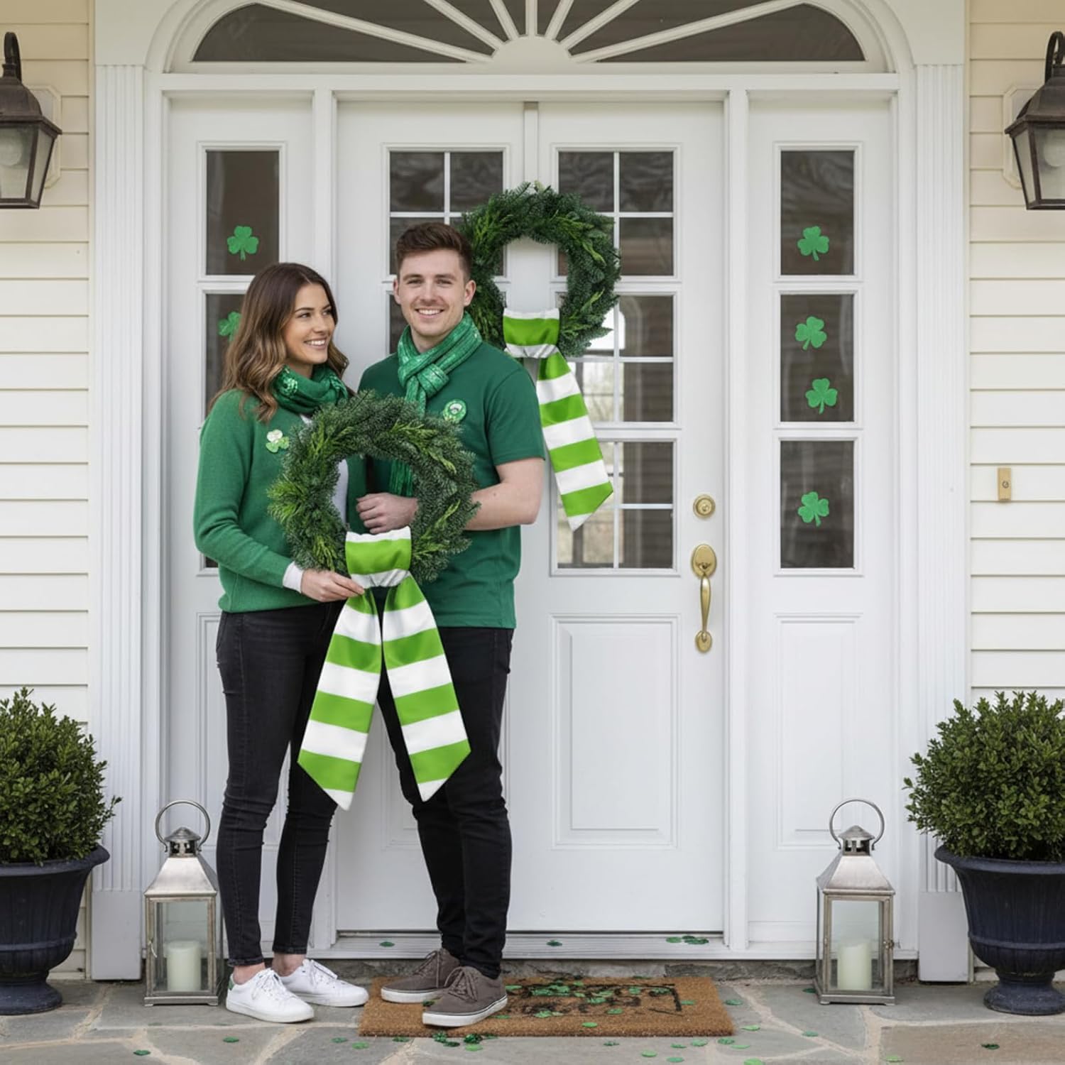 Skiennix Wreath Sash - Satin Blank Sash for Embroidery | Indoor/Outdoor Home Decor (Green & White Stripes)