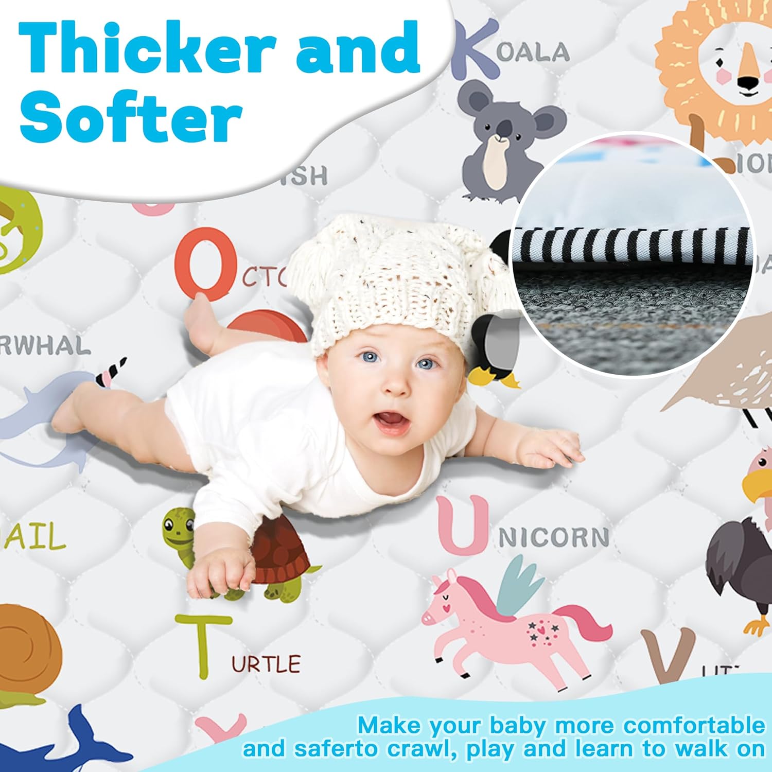 Skiennix Baby Play Mat - Thick Soft Non-Slip 50" x 50" Crawling Mat for Infants & Toddlers | Machine Washable (Animal Alphabet-A)