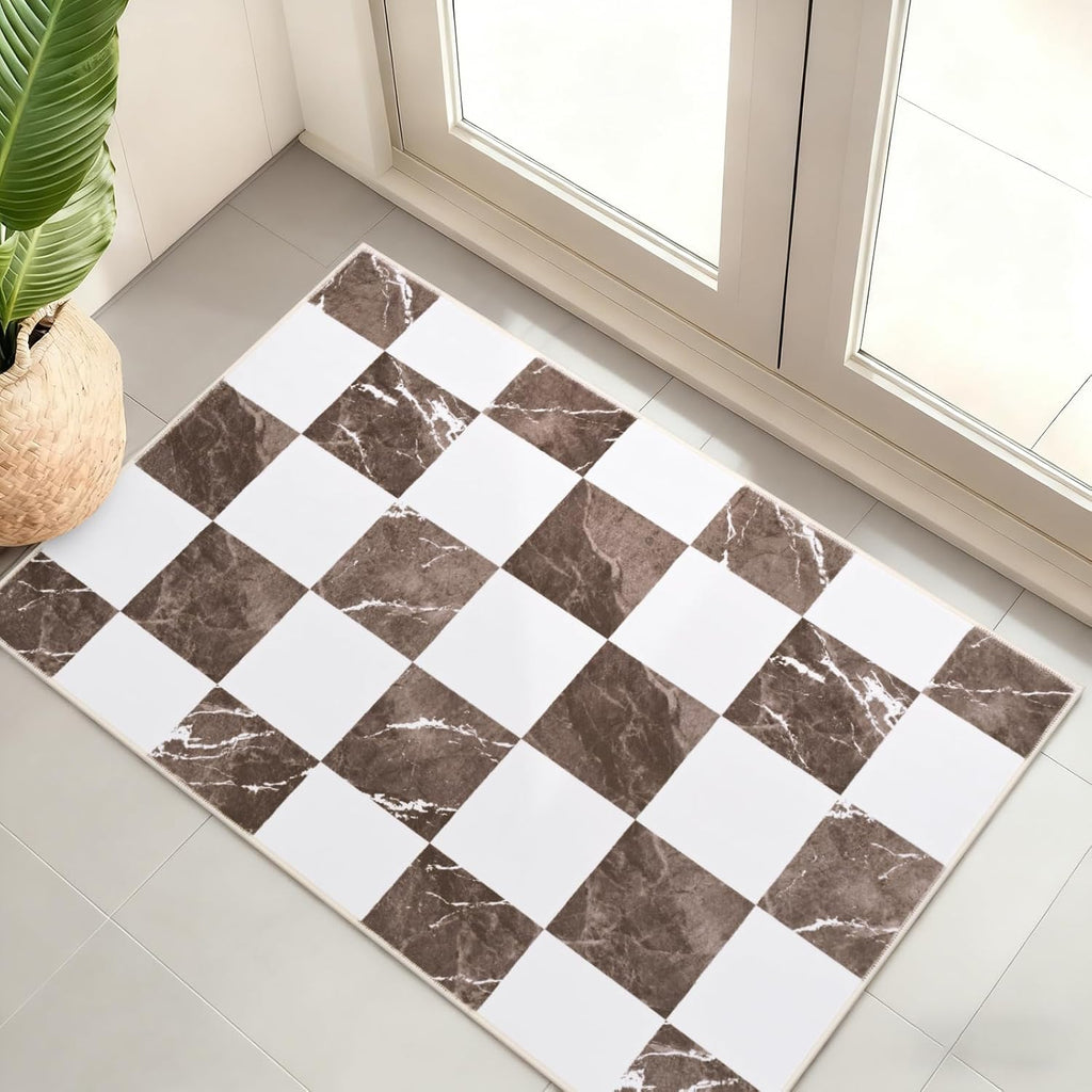 Yinhua Checkered Rug - Washable Brown and White Area Rug | Soft Non-Slip 2x3 Entryway Mat