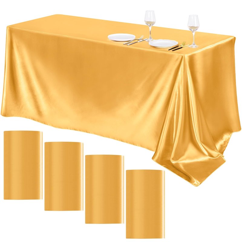 TURSTIN 4 Packs Gold Satin Tablecloth 102 x 58 Inch Overlay Satin Table Cover Rectangle Bright Silk Tablecloth Smooth Fabric Table Decoration for Wedding Banquet Party Events