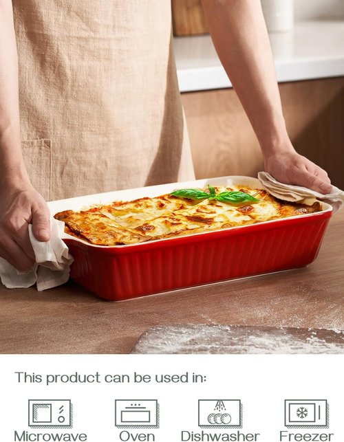 DOWAN 9x13-Inch Deep Casserole Baking Dish - 135 oz Ceramic Pan with Handles | Oven Safe, Red