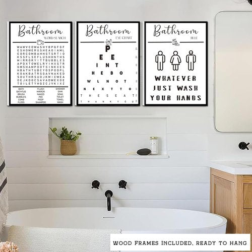 Framed Bathroom Wall Art by [Brand Name] - Funny Black and White Word Search Pee Eye Chart | Wash Your Hands (12x16 inches, Set of 3)