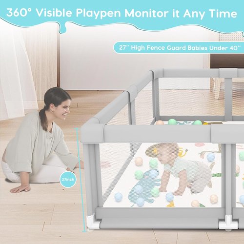 Fshibila Baby Playpen - Sturdy Indoor & Outdoor Safety Play Yard with Soft Mesh - 50x50x27 inches Grey